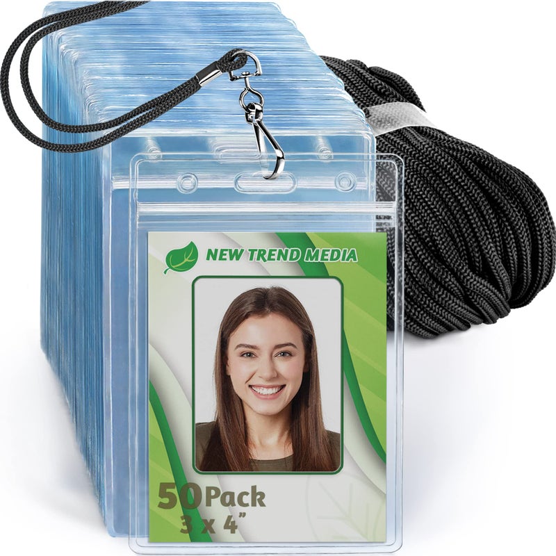 EcoEarth - 3x4 Vertical ID Badge Holder with Lanyard - Premium 50 PK, Black - Bulk Name Badge Holder and Lanyards Set - Clear Card Identification Tag Set - Image 1